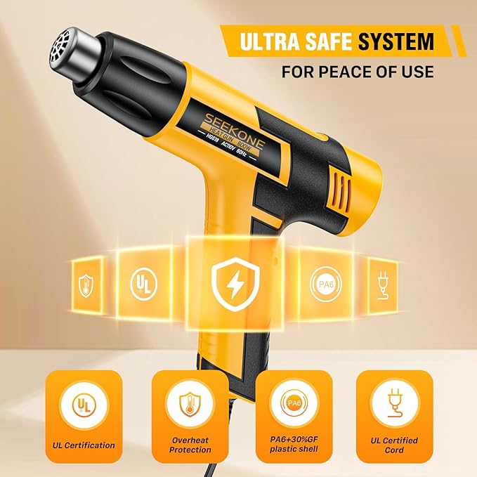 SEEKONE Mini Heat Gun, 600W Dual Temperature Hot Air Gun Tool 572℉&932℉, With 4.9Ft Long Cable and Overheat Protection for Crafts, Embossing, Paint Stripping, Shrink Wrap, and Heat Shrink Tube