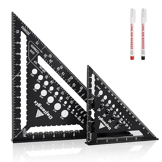 Carpenter Square 7 and 12 Inch Set, Aluminum Rafter Square Framing Suqare Double Scale Triangle Ruler, Protractor Measuring Hole for Woodworking and Carpentry Layout Tool Black with 2 Pencil