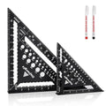 Carpenter Square 7 and 12 Inch Set, Aluminum Rafter Square Framing Suqare Double Scale Triangle Ruler, Protractor Measuring Hole for Woodworking and Carpentry Layout Tool Black with 2 Pencil