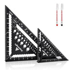 Carpenter Square 7 and 12 Inch Set, Aluminum Rafter Square Framing Suqare Double Scale Triangle Ruler, Protractor Measuring Hole for Woodworking and Carpentry Layout Tool Black with 2 Pencil