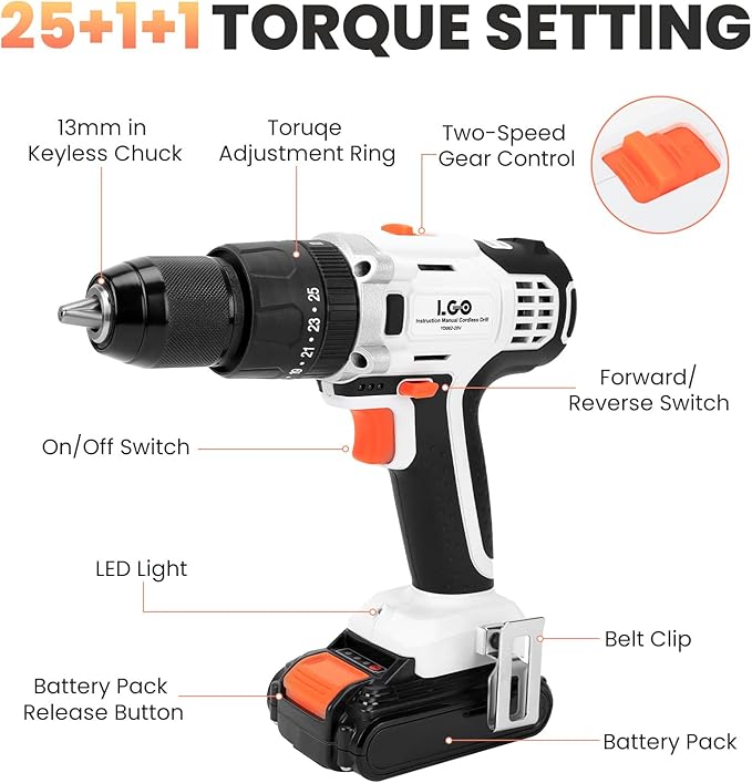 LIGO 20V Cordless Drill Driver with Impact, 25+1+1 Torque Setting, 1/2 Inch, 2 Speed, with 2.0Ah Battery and Fast Charger