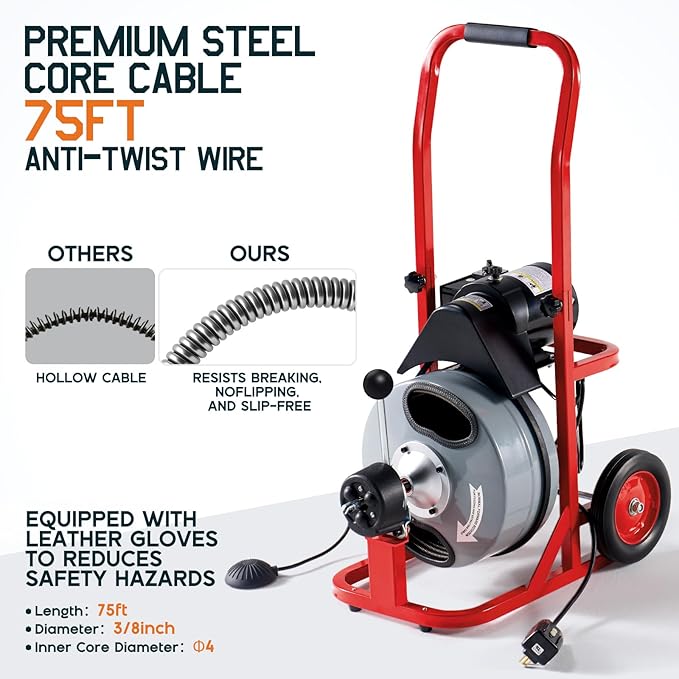 Albott 75 FT x 3/8 inch Electric Drain Cleaner Machine with Auto-Feed & 10 Cutters, Sewer Snake Auger for 1–4 Inch Pipes, Foot Switch & Wheels, Ideal for Commercial & Home Use, Gray/Red