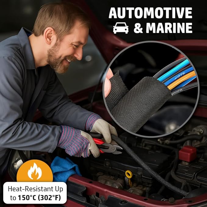 MGI SpeedWare Woven Mesh Split-Sleeve Wire Loom for High-Temperature Automotive Harness and Home Cable Management 25 feet (3/4")