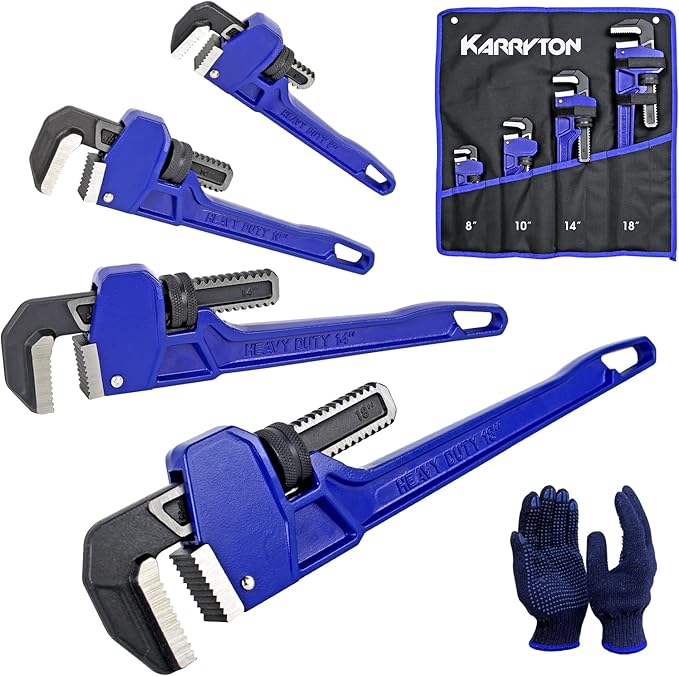 Pipe Wrench set,8" 10" 14" 18" Adjustable Jaw Opening Cast Iron Straight Handle Plumbing Wrench, Perfect Plumbers Tool for Oil Field, Plumbing, Auto Repair, Construction and Mechanics