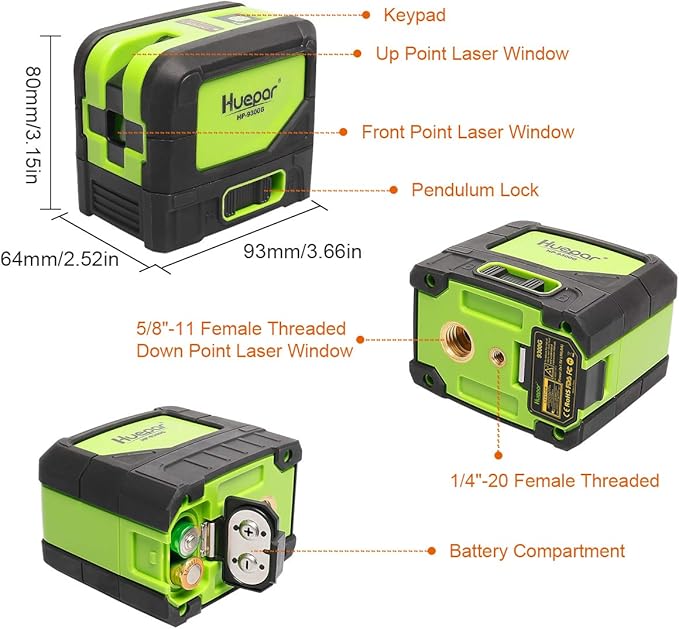 3 - Plumb Dot Laser Leveler Tool (No Laser Line), Huepar 3 Spots Laser Self-Leveling Green Plumb Bob for Soldering and Points Reference Positioning, 197Ft Working Range, Battery Included - 9300G