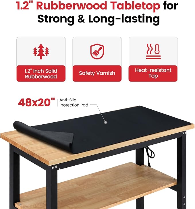 Adjustable Height Work Bench 48 x 20 Workbench for Garage Work Table with Under Table Shelf for Shop Woodworking, Heavy Duty Rubber Wood Top for Office, Home, Commercial