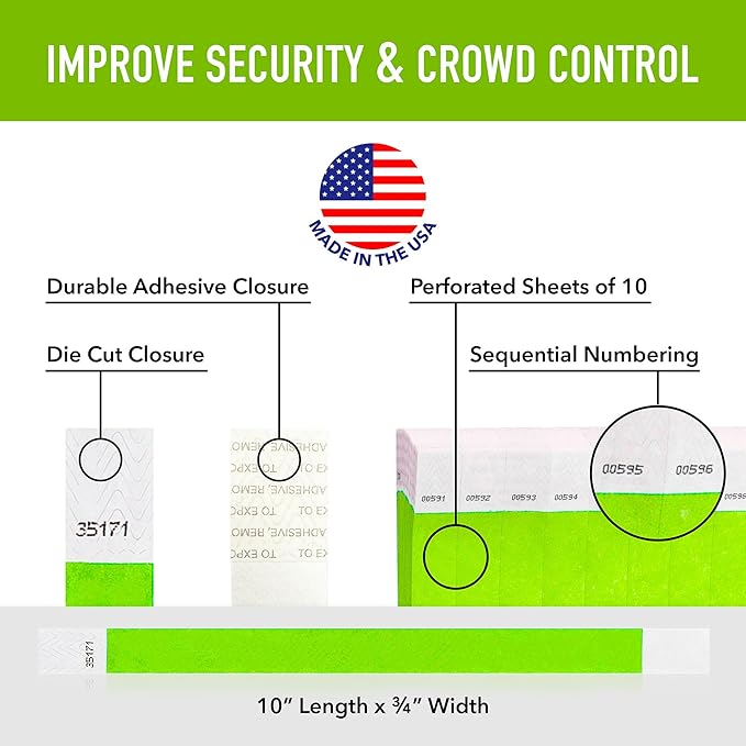 1,000 WristCo Lime Green Tyvek Wristbands for Events Tamper-Proof Design & Fluorescent Color Prevent Reuse Premium-Grade Bracelets for Hospital & Medical ID, Party & VIP Identification