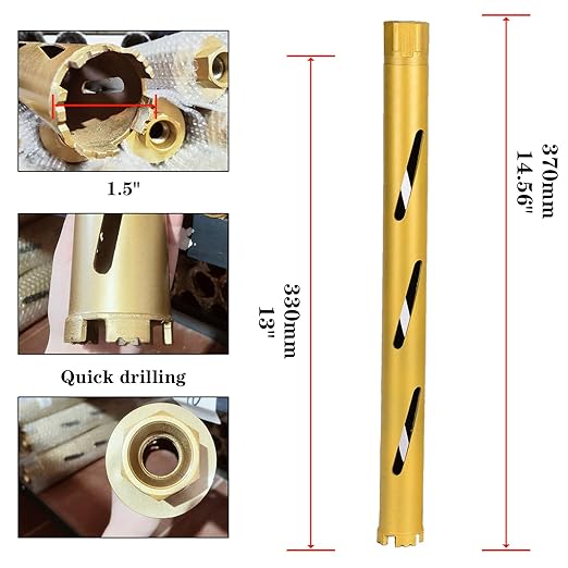 1.5" Dry Core Drill Bits for Cured Concrete with Rebar Brick Blonck Masonry etc 12.2in/310mm Drilling Depth，10mm Diamond Segment Height，2 Adapters