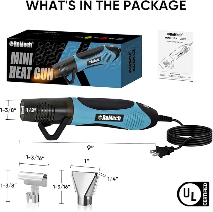 ROMECH 350W Heat Gun with 2 Nozzles, Dual Temp Heat Gun 400°F-660°F, Fast Heat Hot Air Gun with Overload Protection for DIY Craft Embossing Shrink Wrapping (Cyan)