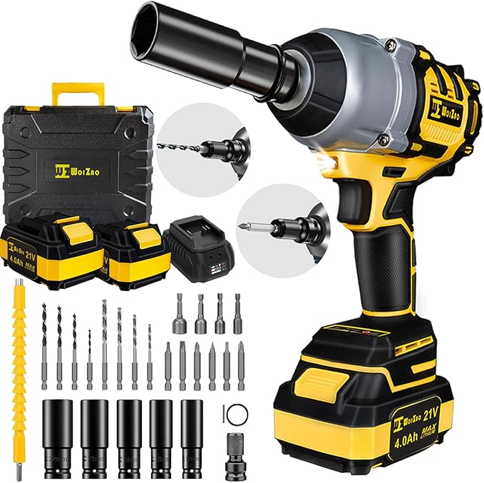 1/2 inch Cordless Impact Wrench,650Ft-lbs (800N.m) Brushless Power Impact Driver,3000RPM High Torque Impact Gun,2x 4.0 Battery, 5 Sockets,8 Drill,6 Screws for Home Car Tires Truck Mower