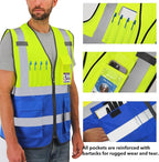 Dib Safety Reflective Vest High Visibility with Pockets and Zipper, Yellow and Blue 3XL