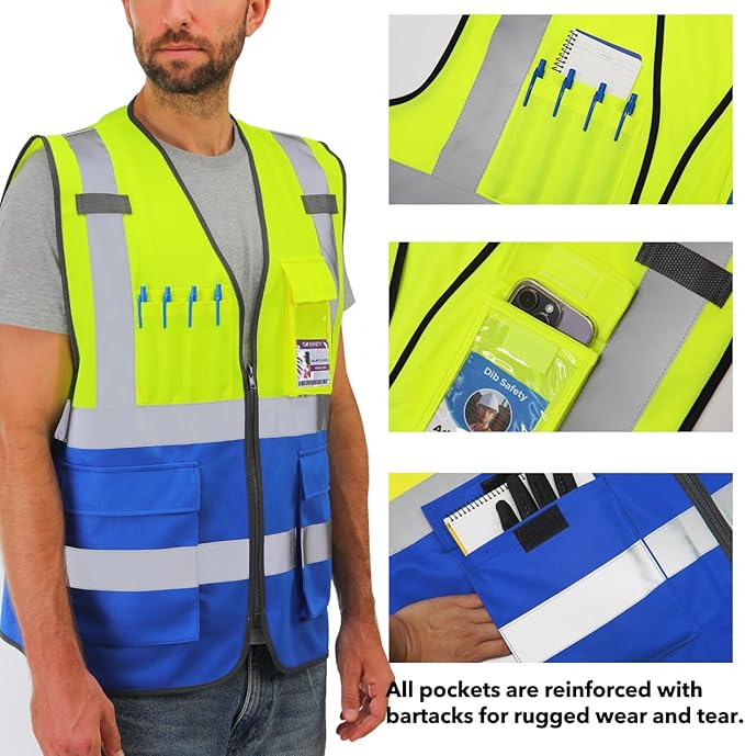 Dib Safety Reflective Vest High Visibility with Pockets and Zipper, Yellow and Blue 3XL