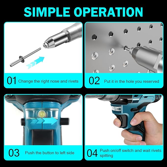 Cordless Rivet Gun Tool Compatible with Makita 18V Battery(No Battery), Electric Automatic Pop Rivet Gun, Brushless Blind Riveter Kit for 3/32", 1/8", 5/32", 3/16"