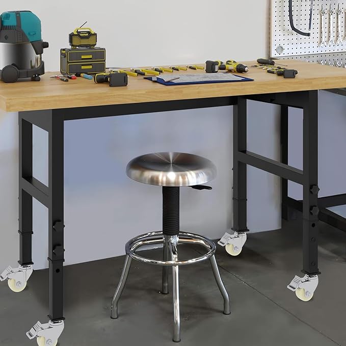 48' Adjustable Workbench, Solid Wood Work Bench Table with Wheels and Power Outlet, Rolling Workbenchs Large Load Capacity Garage Workbench for Workshop,Office,Home