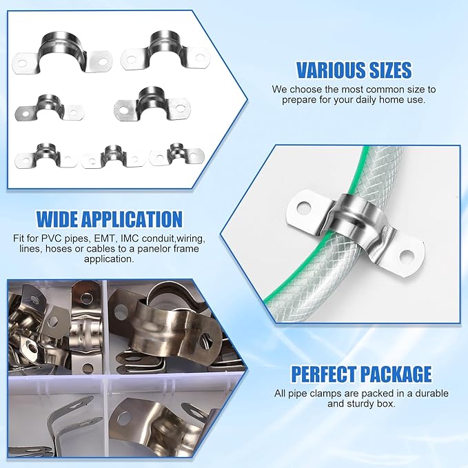 90 Pcs Two Hole Strap U Clamp,Pipe Strap U Bracket Clamp, Stainless Steel Rigid Pipe Strap U Bracket Tube Strap Clamp Kit for Pipe Tube Fixing Mounting - 5/16" 3/8" 9/16" 1/2" 5/8" 3/4" 1"