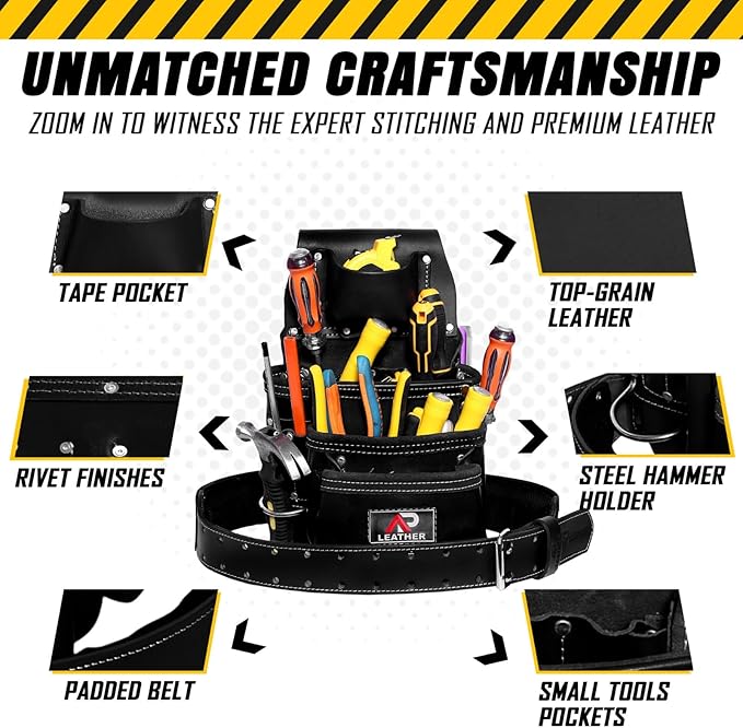 Pro-015 Leather Tool Pouch for Construction,Heavy Duty Hammer Holder,Buckle,3 Pocket Large with Belt, 12 Small Pocket, Tool Organizer