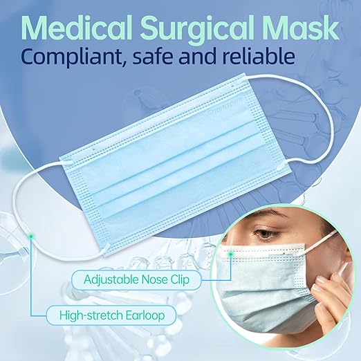 Jointown Disposable Face Masks, ASTM Level 2 Surgical Mask with 3 Ply Protection & Elastic Earloop, 100 Pack Blue