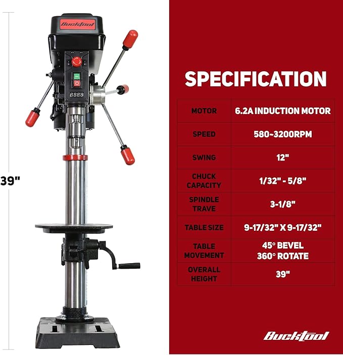BUCKTOOL 12 INCH 6.2A Professional Bench Drill Press, 3/4HP Powerful Benchtop Drill Press, Variable Speed Drill Press with IIIA Laser and Work Light