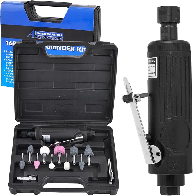 Air Die Grinder Kit 1/4", 22,000 RPM Straight Pneumatic Grinder with 10-Piece Stone Set for Metal Polishing, Grinding, Automotive & Woodworking