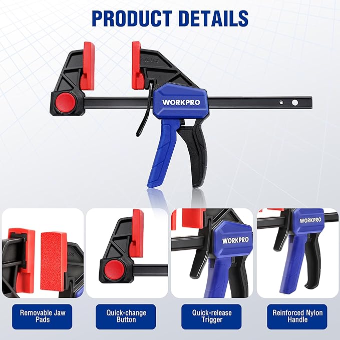 WORKPRO 6" Bar Clamps for Woodworking, One-Handed Clamp/Spreader, Light Duty Wood Clamps Set, Quick-Change F Clamps with 150LBS Load Limit, 4 Pack