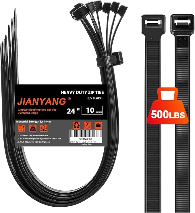 Long Zip Ties Heavy Duty 24 inch，500 LBS Tensile Strength With Double Sided Toothed Super Durable Cable Ties ，Extra Large Wire Ties Adjustable Nylon Tie Wraps for Indoor Outdoor （10 Pack Black）