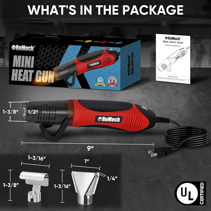 ROMECH 350W Heat Gun with 2 Nozzles, Dual Temp Heat Gun 400°F-660°F, Fast Heat Hot Air Gun with Overload Protection for DIY Craft Embossing Shrink Wrapping (Red)