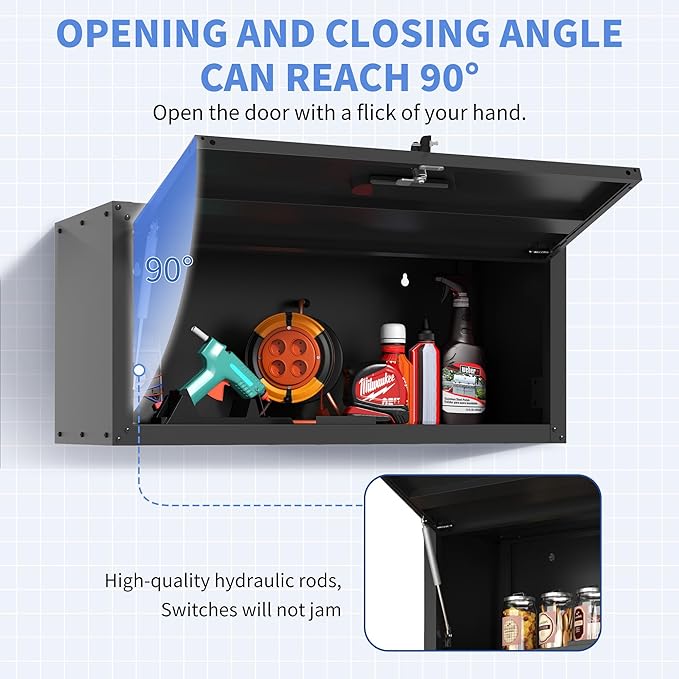 Garage Wall Cabinet with Flip-Up Door, Lockable Metal Storage Cabinet Wall Mounted, Hanging Tool Cabinet for Garage Basement Utility Room, Black