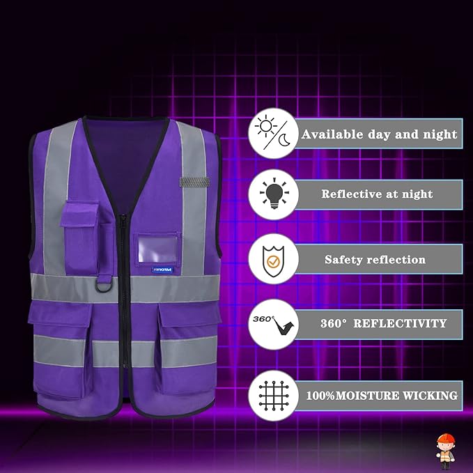 A-SAFETY Purple High visibility vest,Reflective Safety Vest Workwear 7 Pockets Hi Vis Durable Vest with Reflective Tapes 4 Lower Pockets