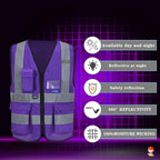 A-SAFETY Purple High visibility vest,Reflective Safety Vest Workwear 7 Pockets Hi Vis Durable Vest with Reflective Tapes 4 Lower Pockets