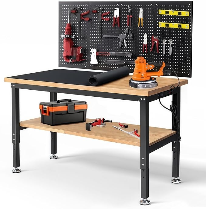 Work Table for Garage 60 x 22 Inch Adjustable Height Workbench Heavy Duty Rubberwood Tabletop Work Bench with Power Outlets Pegboard Pad for Woodworking Shop, Home, Office