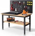 Work Table for Garage 60 x 22 Inch Adjustable Height Workbench Heavy Duty Rubberwood Tabletop Work Bench with Power Outlets Pegboard Pad for Woodworking Shop, Home, Office