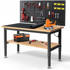 Work Table for Garage 60 x 22 Inch Adjustable Height Workbench Heavy Duty Rubberwood Tabletop Work Bench with Power Outlets Pegboard Pad for Woodworking Shop, Home, Office