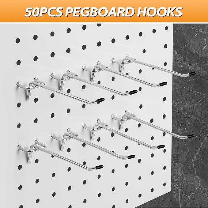 Pegboard Hook 50 Pcs, Sturdy L Shape Galvanized Metal Fit for 1/4 and 1/8 Pegboard, Organizer Kit for Garage Tool Storage
