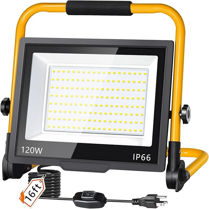14400LM LED Work Light, 120W Flood Light with 16FT Cord & Switch, Portable Worklight with Stand, 5000K IP66 Waterproof Construction Lighting for Job Site Repairing Workshop Garage