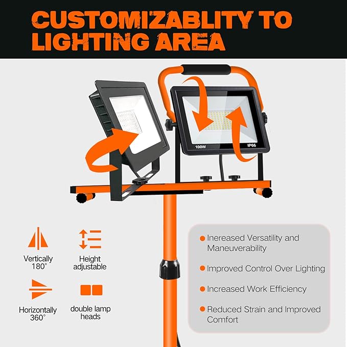 21000 Lumen Work Lights with Stand, 3 Adjustable Head LED Work Light, with Adjustable and Foldable Tripod Stand, Waterproof Lamp with Individual Switch with 6500 Kelvin Color (2-Head-Orange)