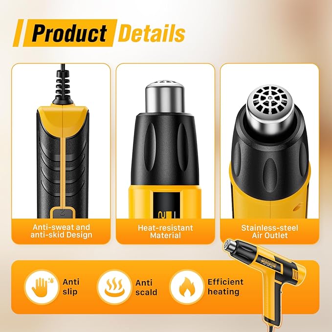 SEEKONE Mini Heat Gun, 600W Dual Temperature Hot Air Gun Tool 572℉&932℉, With 4.9Ft Long Cable and Overheat Protection for Crafts, Embossing, Paint Stripping, Shrink Wrap, and Heat Shrink Tube