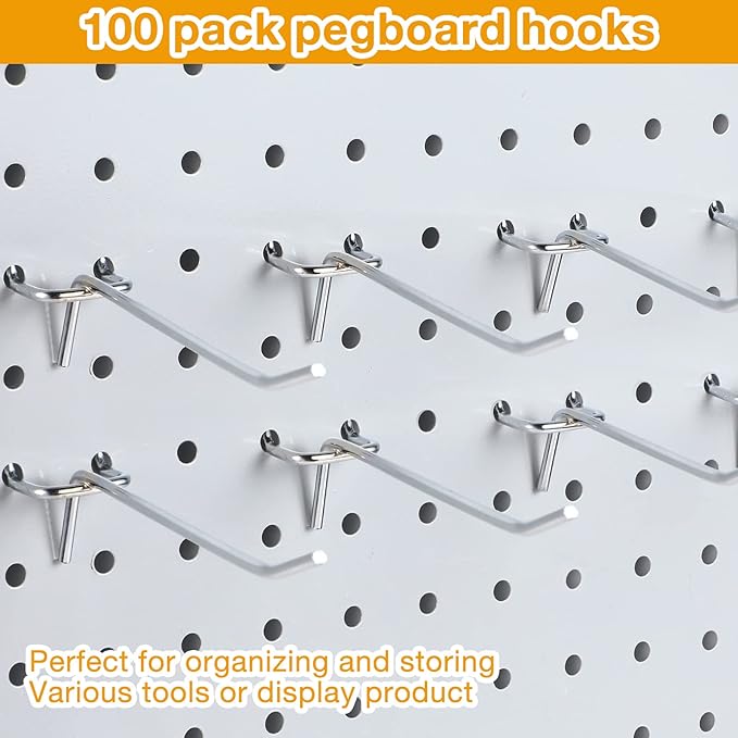 Funrous 100 Pack Peg Board Hooks Stainless Steel Pegboard Hooks Shelving Display Hanging Peg Board Holders for 1/8 and 1/4 Garage Storage Tools Organizer(4 Inch)