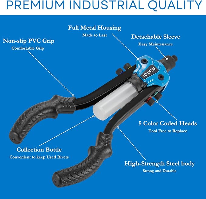 AKKTOL Rivet Gun Kit, 1/4" Pop Rivet Gun Kit with 210pcs Blind Rivets, Heavy Duty 13" Rivet Gun Tool with 5 Nosepieces incl. 3/16" & 1/8" for Metal, Gutter & Automotive