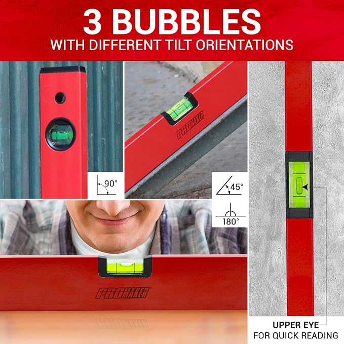 PROMAKER 18 inch Level, Magnetic Level with 180° 90° 45° bubbles, Shock Resistant, Aluminum Body, Level Tool with Overhead Viewing for Comfortable read PRO-NV030