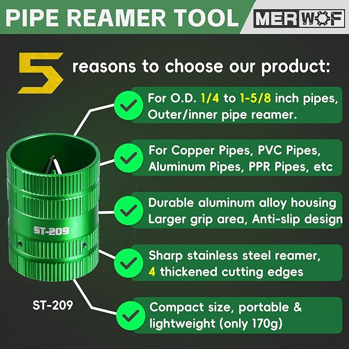 Metal Pipe Reamer for Copper PVC Pipe, Deburring Tool, PlumbingTools, 1/4” to 1-5/8” Inner/Outer Tubing Cleaner, Tube Chamfering Tool (Green)