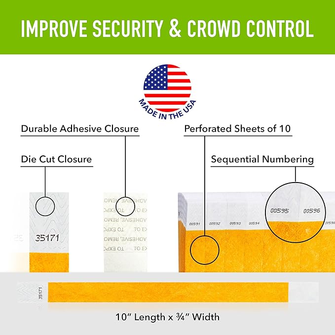 1,000 WristCo Goldenrod Tyvek Wristbands for Events - Comfortable Tear Resistant Paper Bracelets ID Wrist Bands for Concerts Festivals Admission Party Identification