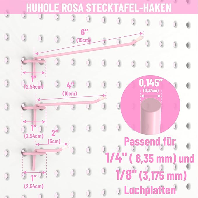 HUHOLE Pegboard Hooks 6 Inch 50PC, Pink Peg Board Hooks, Fit 1/4" or 1/8" Pegboard, Ideal Peg Board Organizer Accessories for Wall Display, Crafts Organization, Kitchen Organizer(Pink, 6 Inch)