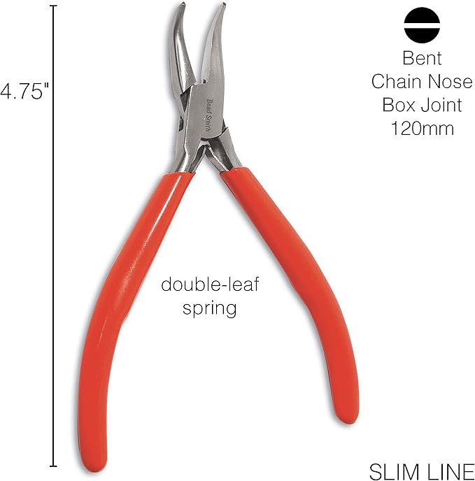 The Beadsmith Slim Line Bent Chain Nose Pliers, 4.75 inches (120mm) with polished steel head, red PVC comfort grip handle with double-leaf spring, tool for jewelry making