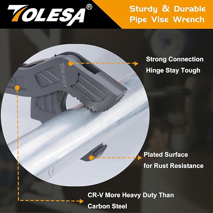TOLESA Self Adjusting Pipe Vise Wrench, Wide Jaw 0.35"-1.7", 8” and 12” Pipe Wrench