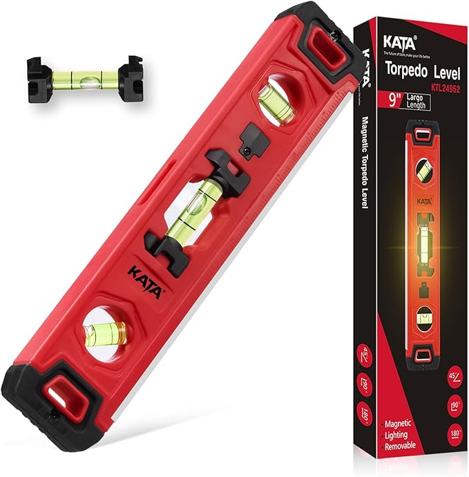 KATA Light-up Torpedo Level Magnetic: 9 Inch Shockproof Small Leveler Tool with 45/90/180 Degree Vials - Removable Line Bubble Spirit Levels For Hanging Pictures, Installing Shelf in Dark Tight Spaces