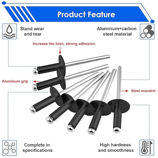 smseace 3/16" x 5/8" Rivets 150 Pcs Black Large Flange Rivets 4.8 x 16mm Black Rivets
