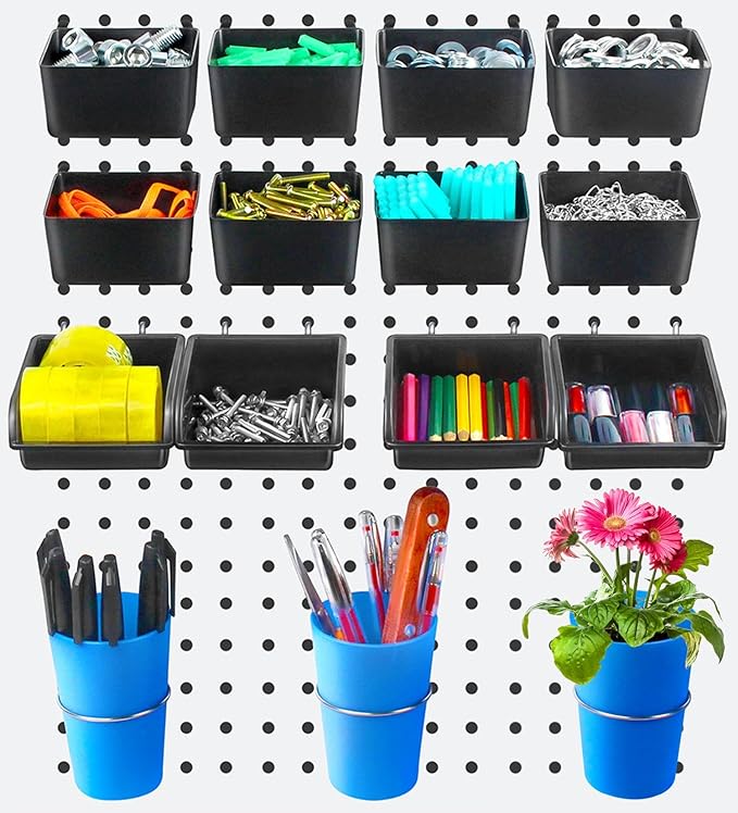Pegboard Bins Pegboard Cups 15 Packs Set with Peg Hooks Assortment Cups with Hooks Assortment Bins Accessories for Garage Craft Workshop Workbench