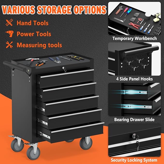 5-Drawer Rolling Tool Chest with Wheels, Metal Tool Box, Large Capacity Tool Storage Cabinet with Keyed Locking, Tool Organizer Box for Garage, Workshop, Warehouse -Black