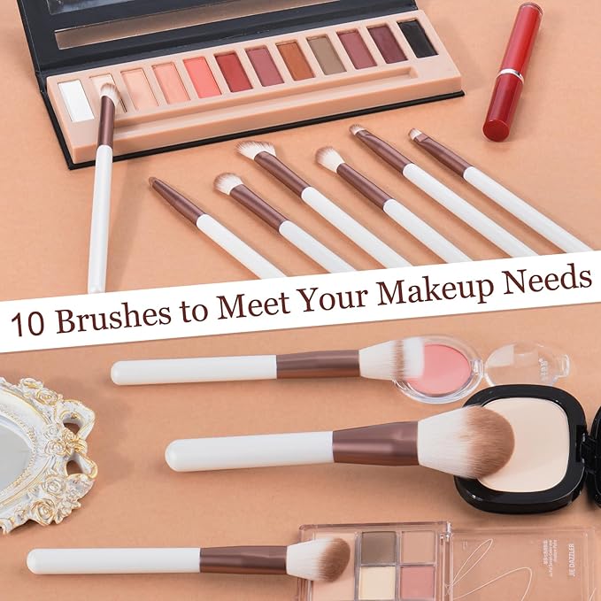 Makeup Brushes Set With Case 10Pcs White Makeup Brush Kit Foundation Eyeshadow Powder Blending Kabuki Eyebrow Eyelash Brushes Cosmetic Brush Travel Kit Gift (White+Brown)-VeraVaultWomen