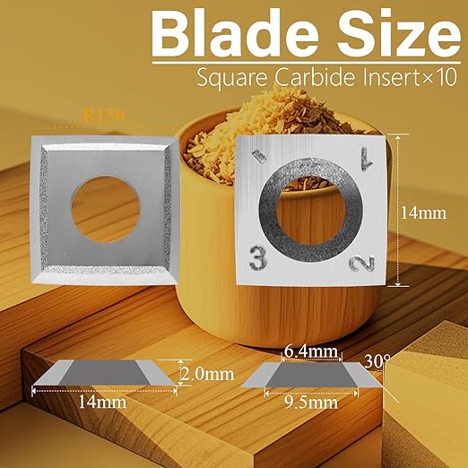 14mm Square Carbide Inserts Cutters Knives Blades with Radius 14×14×2.0mm-R150-30°for Woodworking Spiral/Helical Planer Cutter Head or Lathe Turning 10pcs